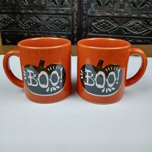 Set of 2 Crate & Barrel Orange Boo Halloween Fall Pumpkin Small Coffee Mugs 3"